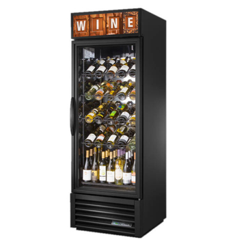 Commercial wine coolers displaying various wine bottles in a black refrigerator, perfect for restaurants and bars.