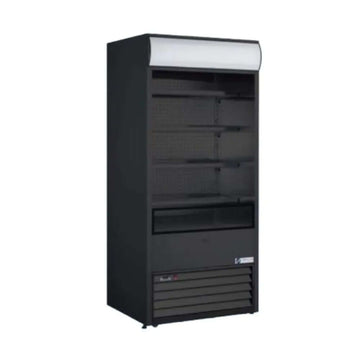 Open case merchandising solutions refrigerator with multiple shelves for fresh products in grocery stores.