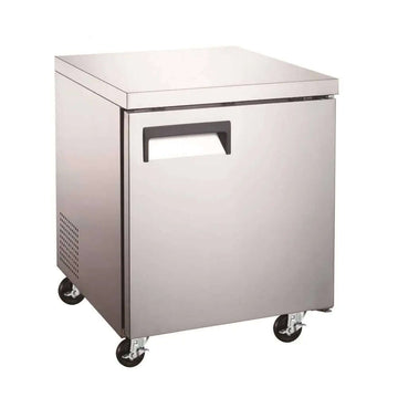 Stainless steel undercounter freezer with wheels for easy mobility, showcasing undercounter freezer benefits.