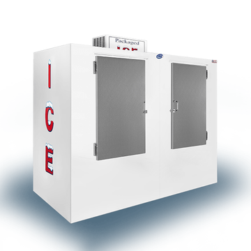 Outdoor ice merchandisers designed for bagged ice storage in retail and vending locations.