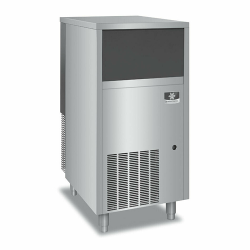Manitowoc flake ice machine with storage bin, air-cooled unit for reliable ice production.