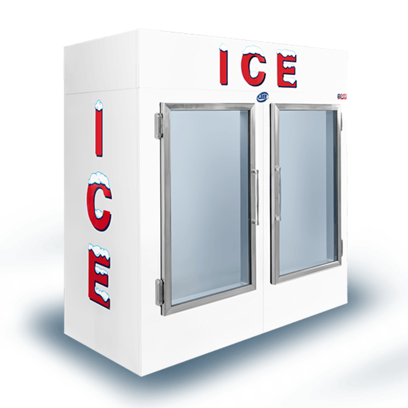 Leer L075UAGP 75 Cu. Ft. Indoor Ice Merchandiser with dual glass doors for product display.