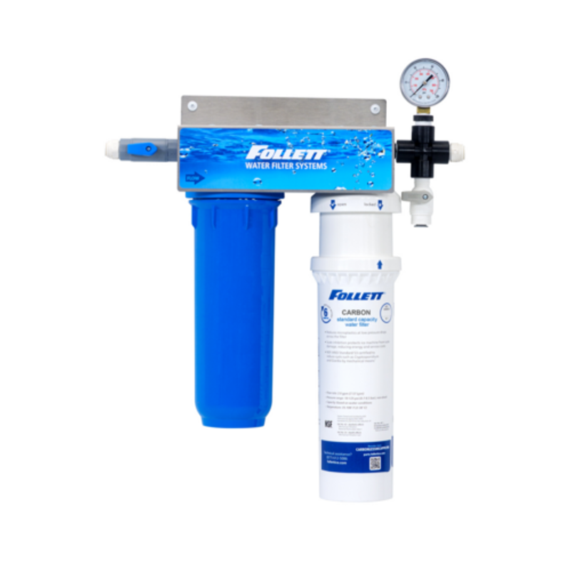 Follett 5,000-gallon carbon water filtration system with blue filter and pressure gauge.