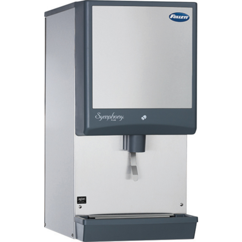 Follett Symphony Plus air-cooled nugget ice dispenser for efficient beverage service, countertop design, sleek appearance.