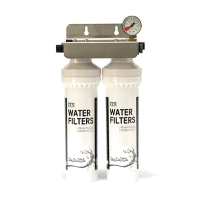 ITV PRO-102K 10-Inch Commercial Double Water Filtration Kit with dual filters and pressure gauge.