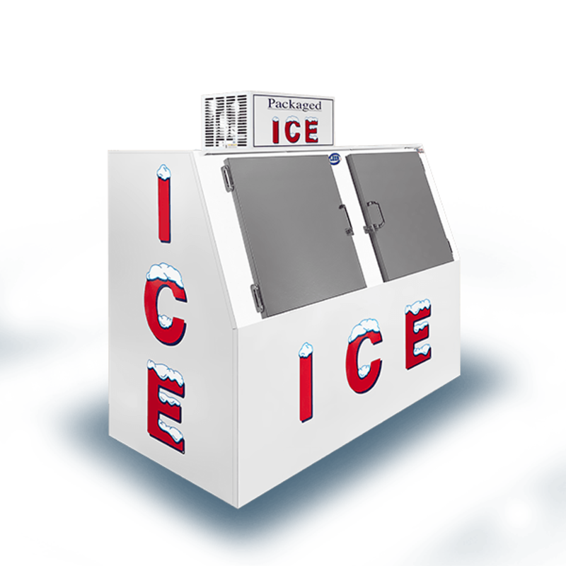 Leer L060SASP Outdoor Ice Merchandiser with a slant front and Packaged Ice signage.