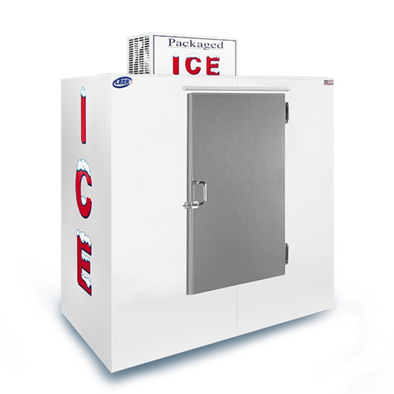 Leer L065UCSP exterior ice merchandiser 65 cu ft with Packaged Ice sign and metal door.