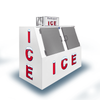 Outdoor ice merchandiser featuring a slanted design and clear signage for packaged ice sales.