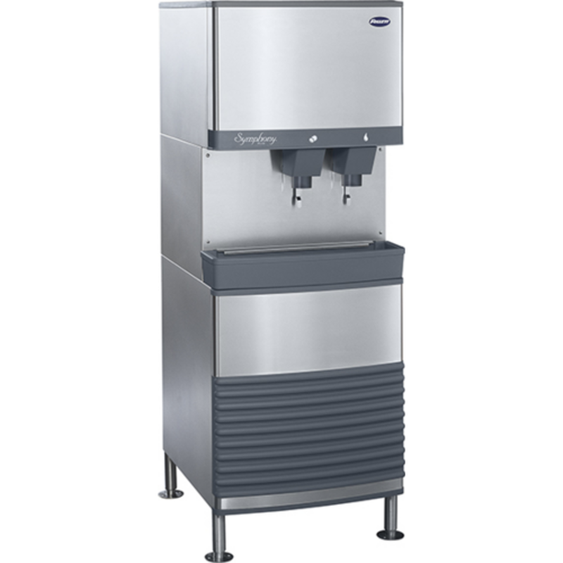 Follett Chewblet ice and water dispenser with stainless steel finish and dual dispensing nozzles.