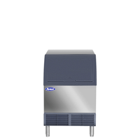 Atosa half-dice ice machine with bin, front view, showing integrated storage and sleek stainless steel design.