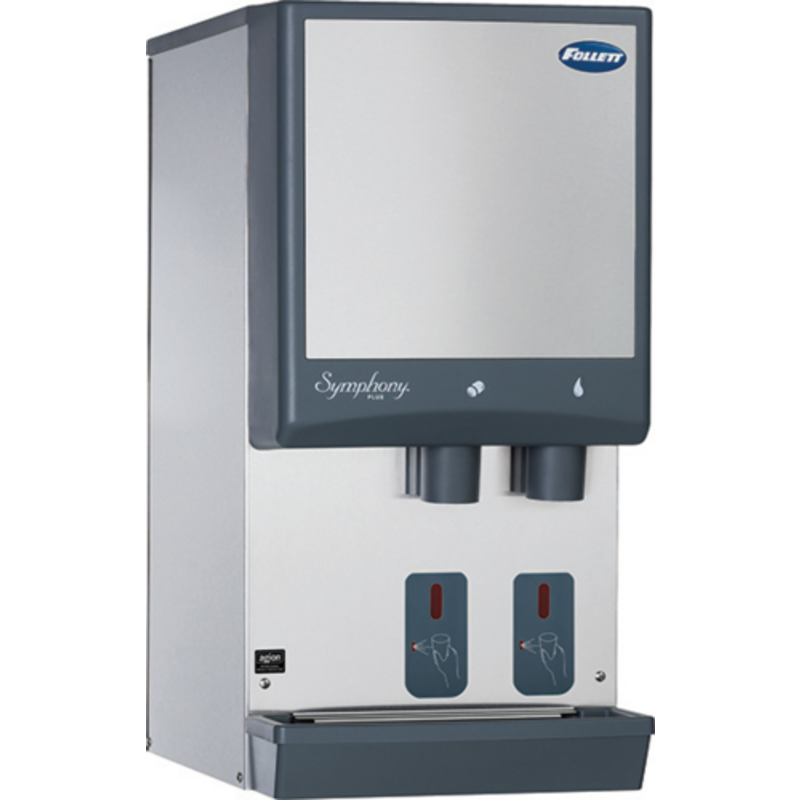 Follett wall-mounted ice and water dispenser for healthcare and commercial use, showcasing sleek design and two dispensing outlets.