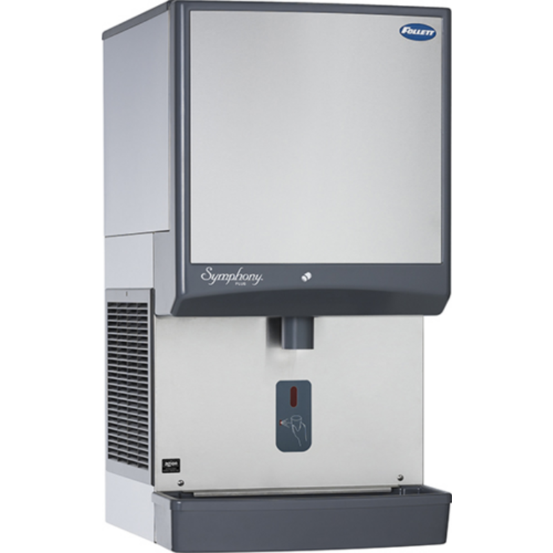 Follett Symphony Plus 25CI414W-SI water-cooled nugget ice dispenser in a sleek countertop design.