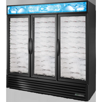 True Refrigeration GDIM-72NT-HC~TSL01 three-door indoor ice merchandiser showcasing ice bags in retail display.