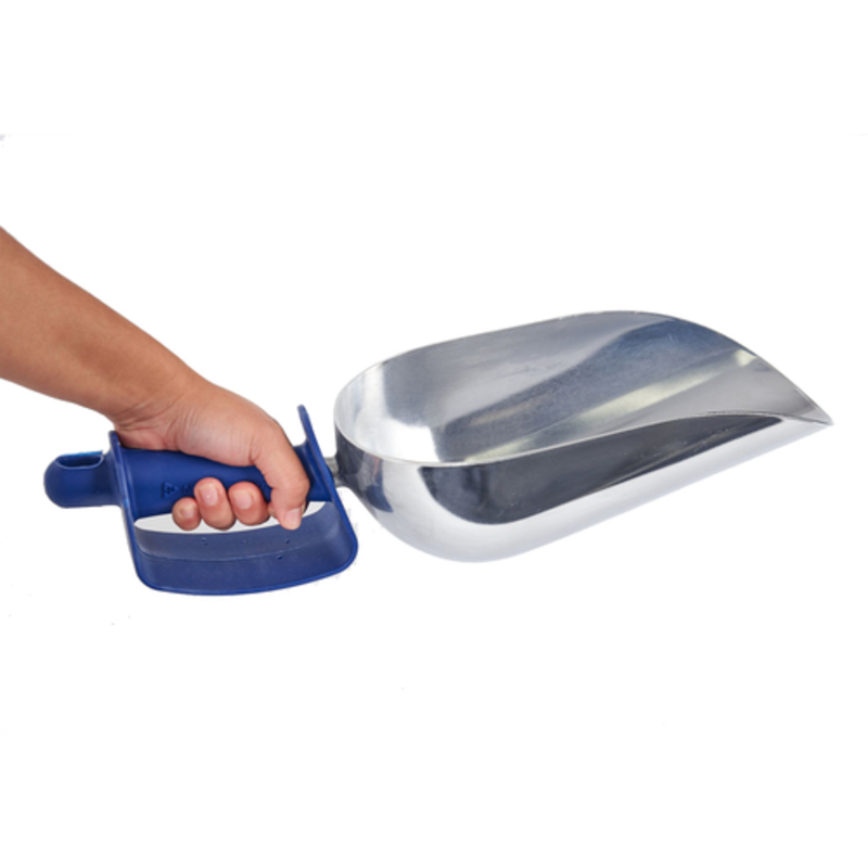 Manitowoc K00463 Cast Aluminum Commercial Ice Scoop 85 oz held in hand for effective ice handling.